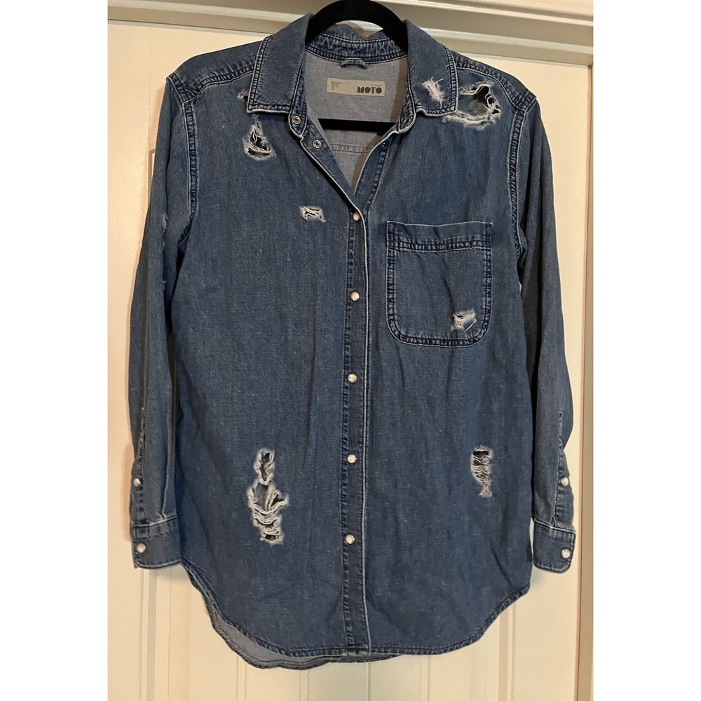 Topshop Moto Women's Blue 2 Distressed Destroyed Denim L/S Pearl Snap Shirt